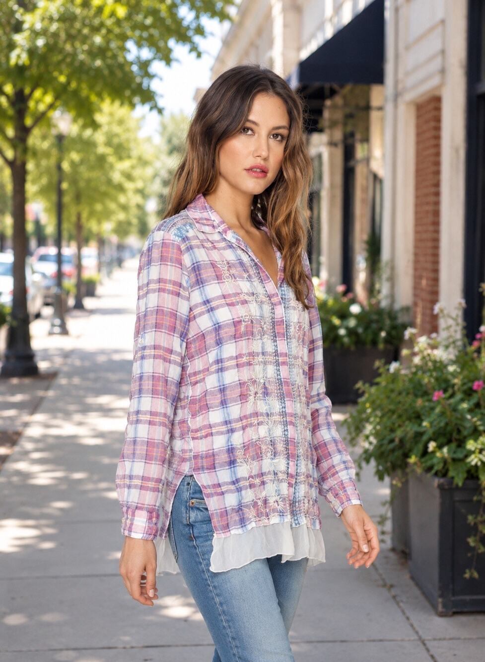 Johnny Was 3J Workshop Brandy Chiffon Flounce Plaid Shirt with sheer hem Size S